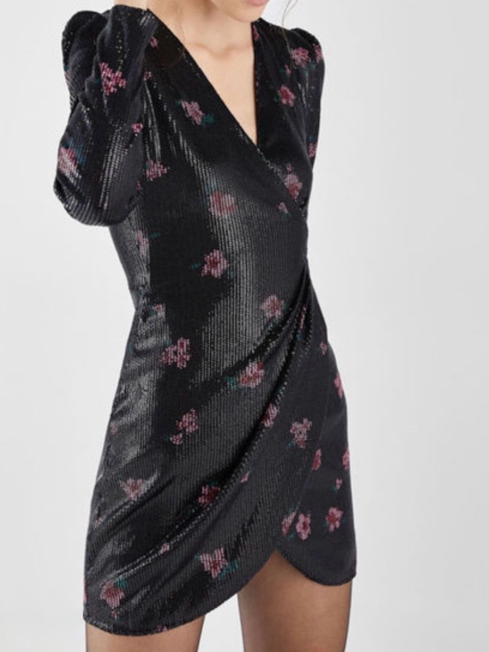Bershka Black Floral Wrap Mini Dress
